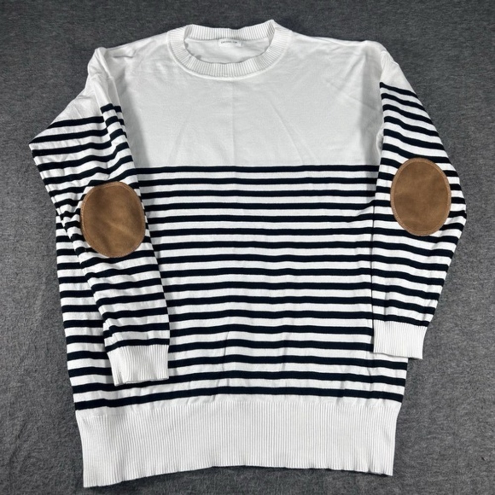 Chic Soul Women's Cozy Crew Neck Striped Sweater Patch Elbow Nautical Size 2X‎